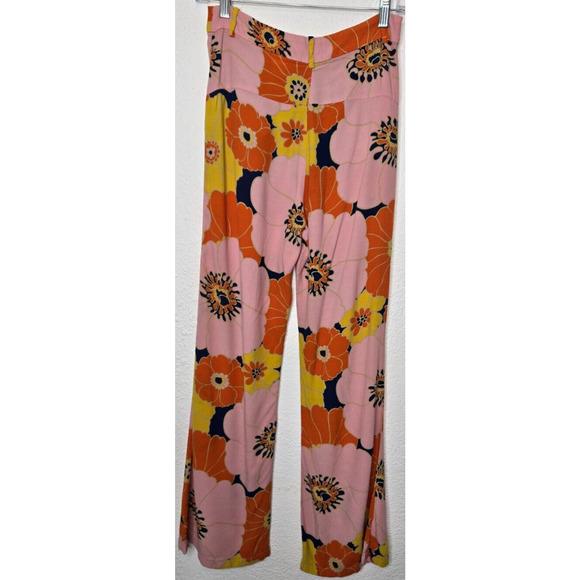 Zara Womens Pants Small Orange Pink Floral Flared Leg High Rise Retro BLOG FAVE - Picture 7 of 16